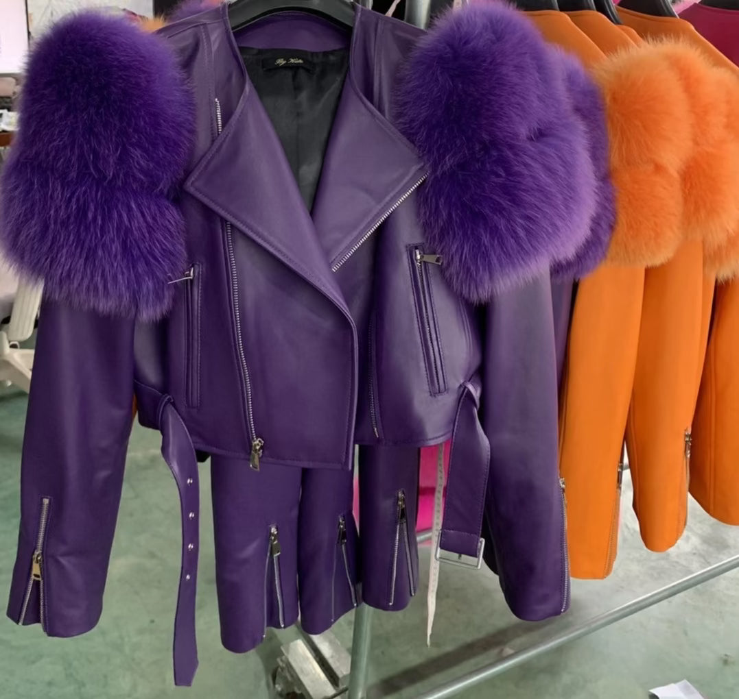 Gyrls Get Money - Genuine Leather Biker Jacket w/ Fox Fur